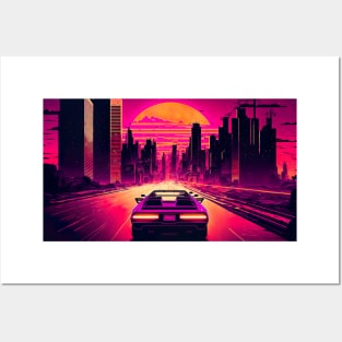 Retro-Futuristic Car Driving Through City Towards Synthwave Sun Posters and Art